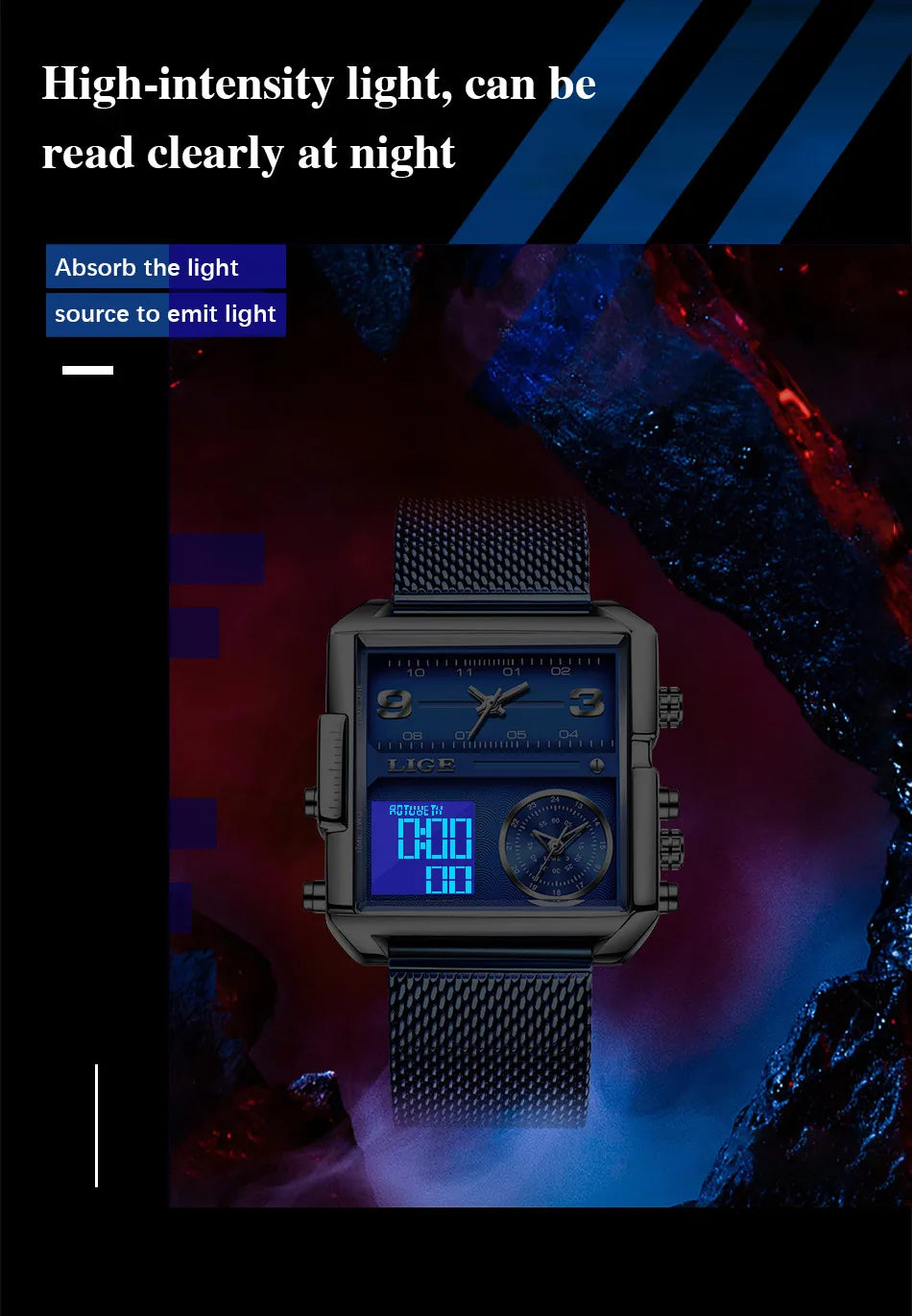 LIGE Luxury Men Quartz Digital Watch Creative Sport Watches Male Waterproof Wristwatch Montre Homme Clock Relogios Masculino+box