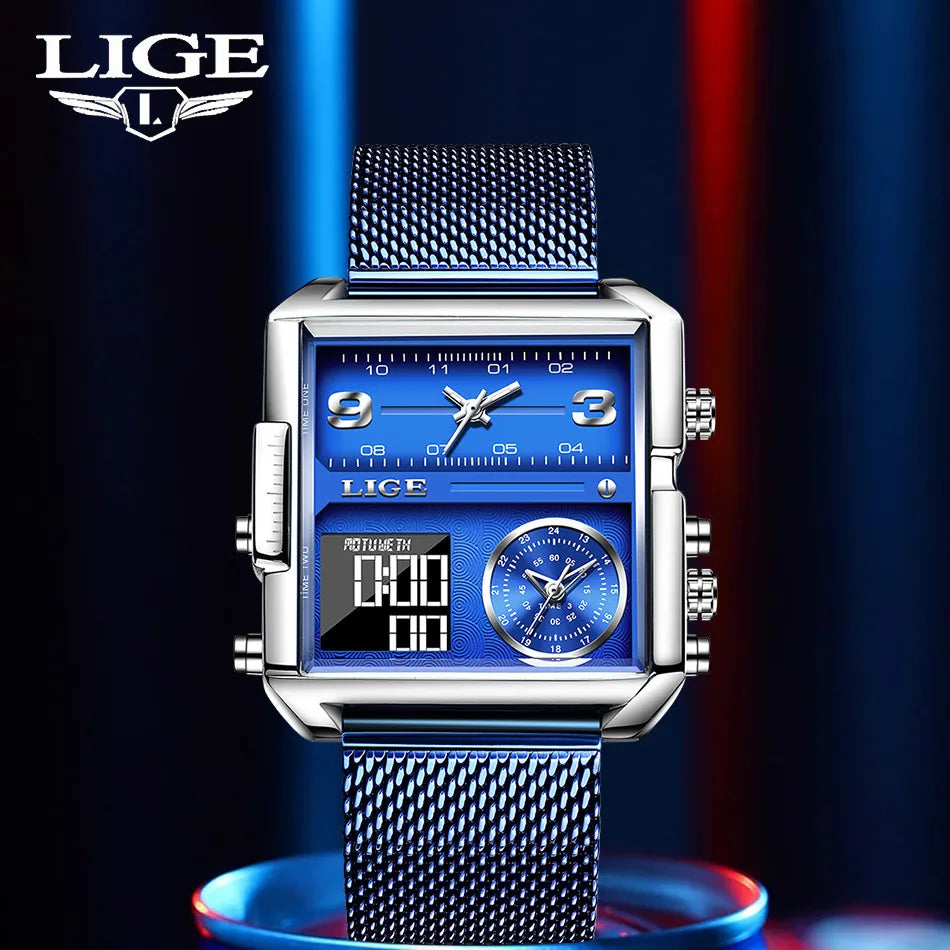 LIGE Luxury Men Quartz Digital Watch Creative Sport Watches Male Waterproof Wristwatch Montre Homme Clock Relogios Masculino+box