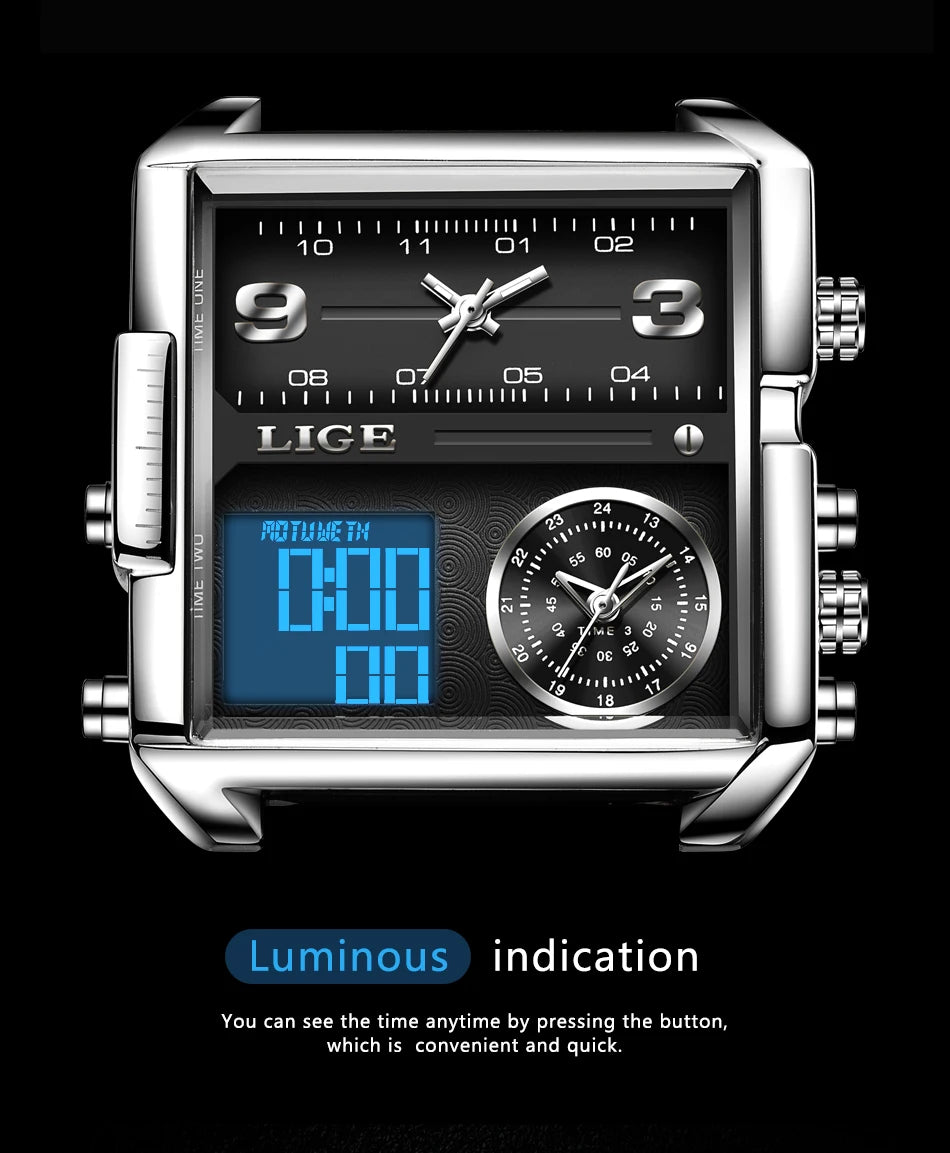 LIGE Luxury Men Quartz Digital Watch Creative Sport Watches Male Waterproof Wristwatch Montre Homme Clock Relogios Masculino+box