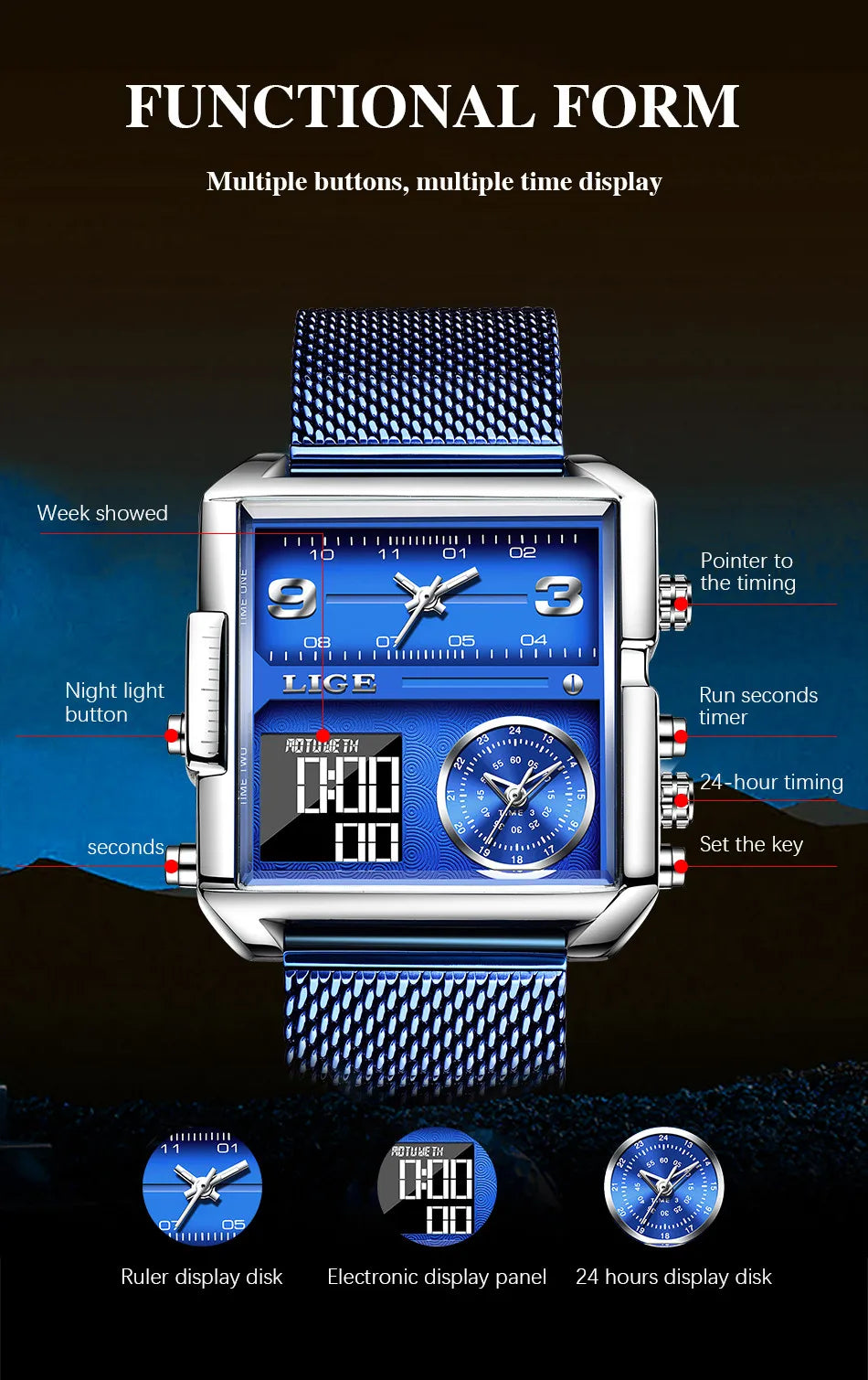 LIGE Luxury Men Quartz Digital Watch Creative Sport Watches Male Waterproof Wristwatch Montre Homme Clock Relogios Masculino+box