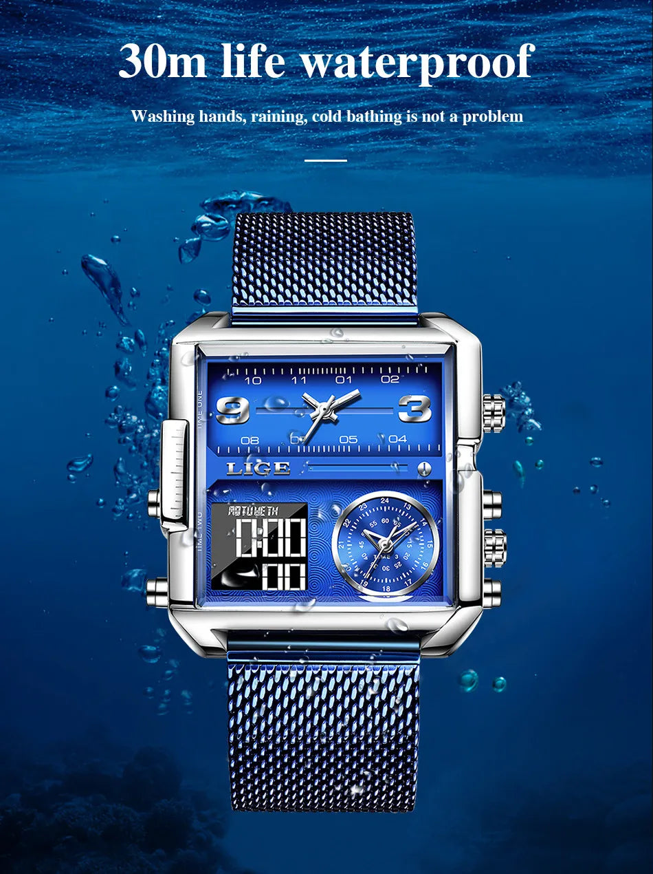 LIGE Luxury Men Quartz Digital Watch Creative Sport Watches Male Waterproof Wristwatch Montre Homme Clock Relogios Masculino+box