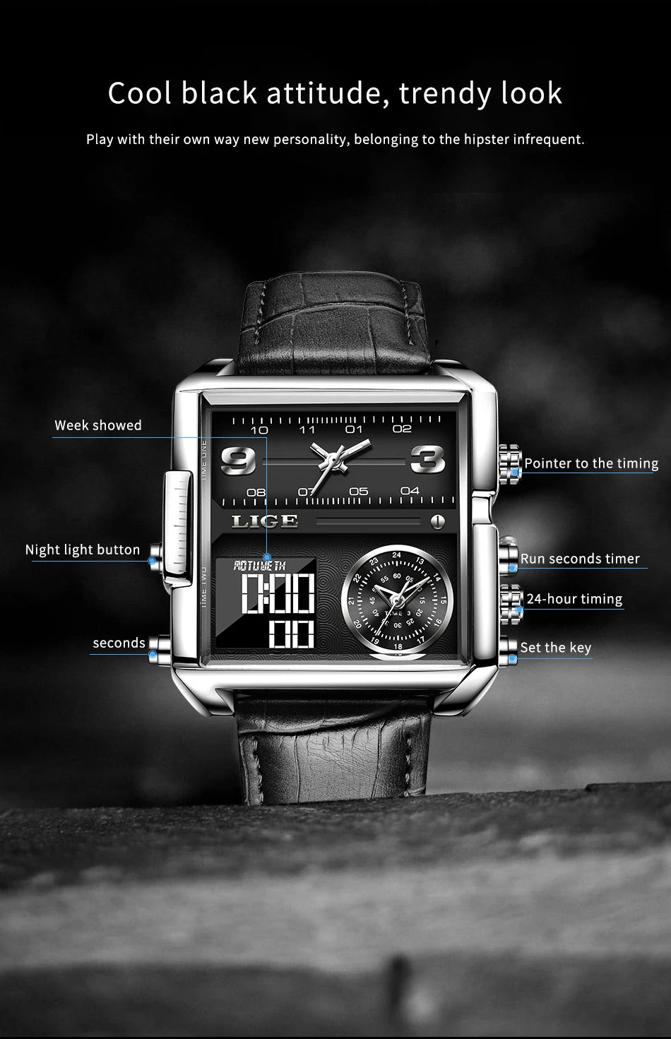 LIGE Luxury Men Quartz Digital Watch Creative Sport Watches Male Waterproof Wristwatch Montre Homme Clock Relogios Masculino+box