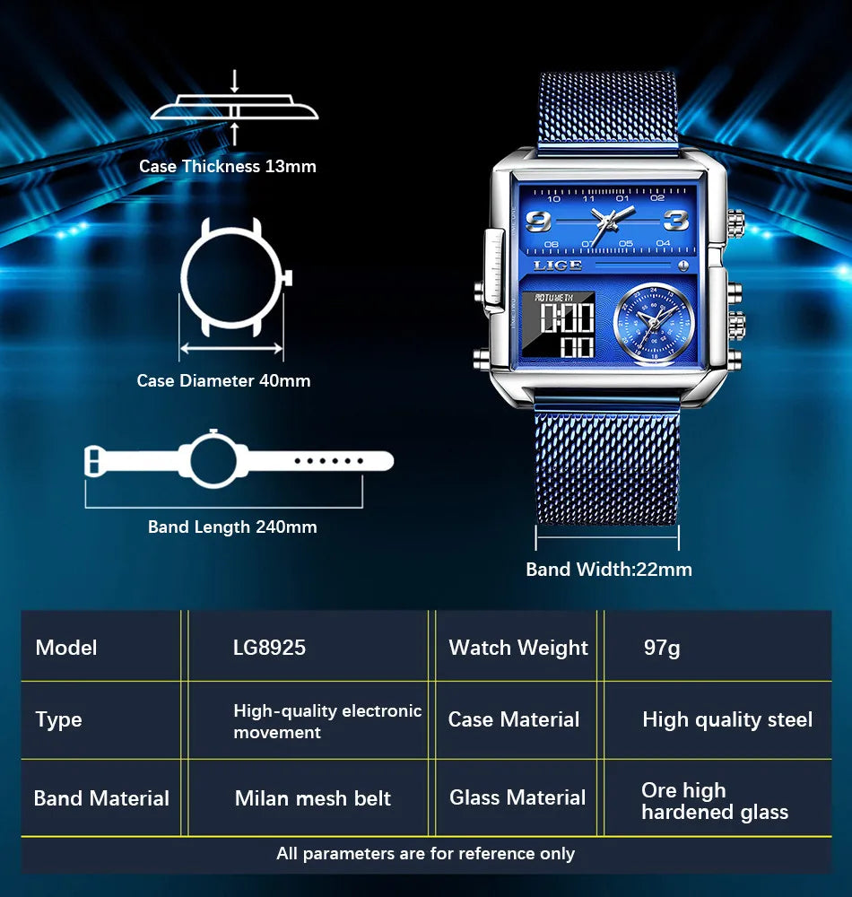 LIGE Luxury Men Quartz Digital Watch Creative Sport Watches Male Waterproof Wristwatch Montre Homme Clock Relogios Masculino+box