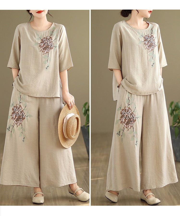 Spring and summer 2025 new round neck short sleeve embroidered cotton and linen top elastic waist nine casual wide leg pants two-piece set