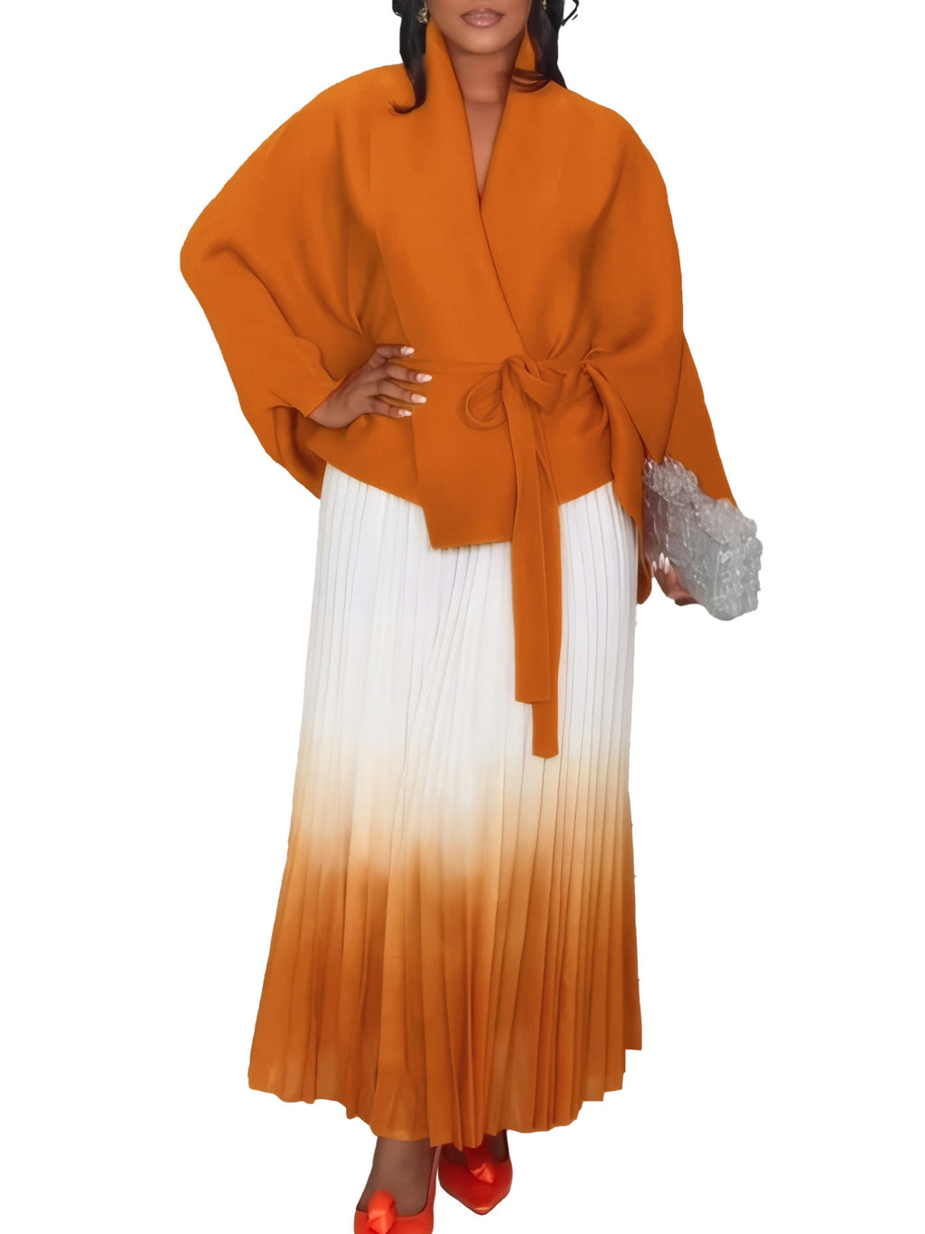C8610 African Plus Size Women's Spring New Fashion Strap Batwing Top Gradient Color-changing Skirt Two-piece Set