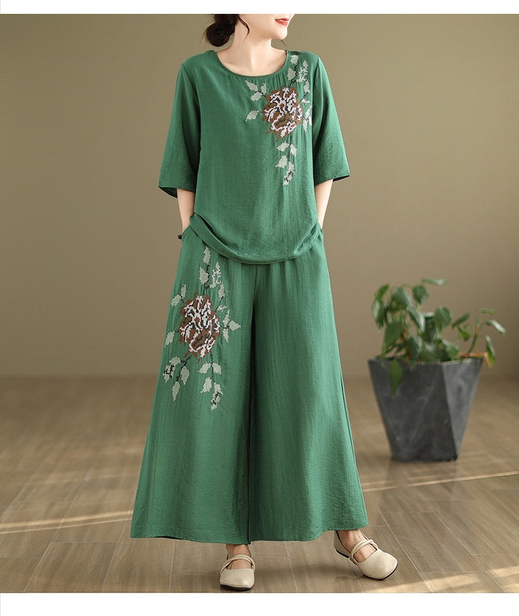 Spring and summer 2025 new round neck short sleeve embroidered cotton and linen top elastic waist nine casual wide leg pants two-piece set