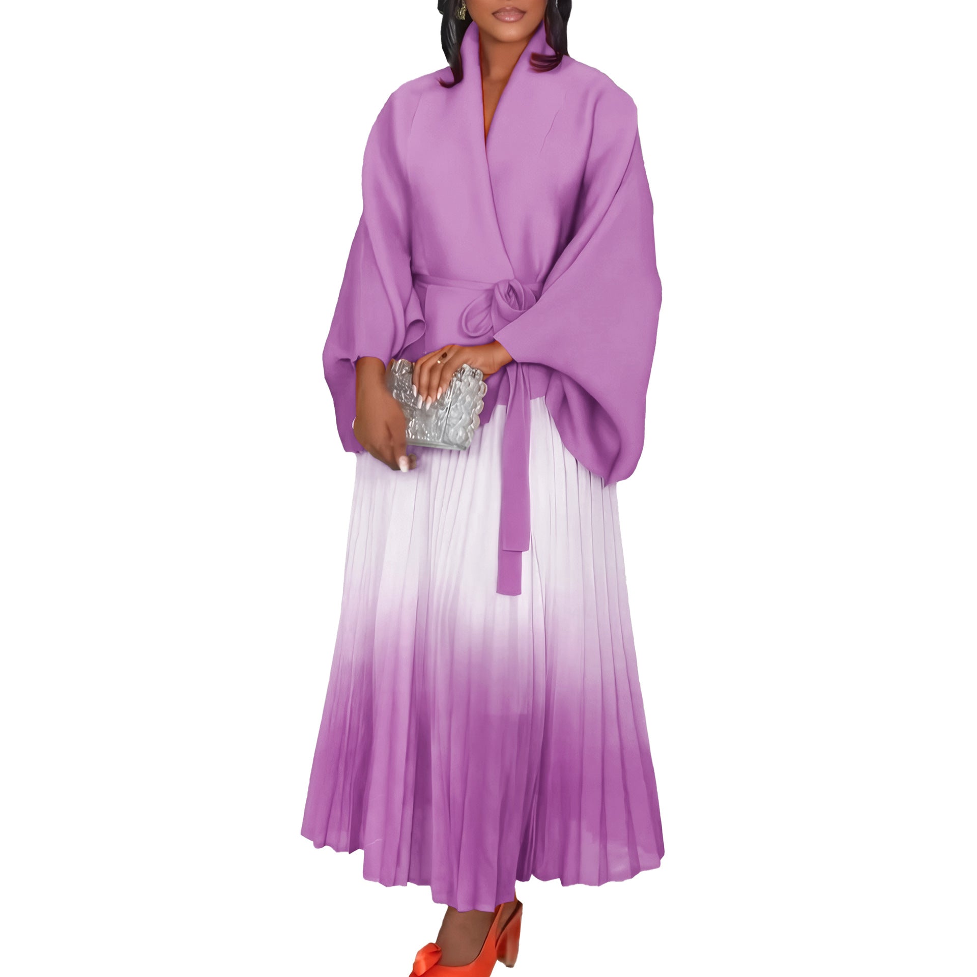 C8610 African plus size Women's Spring New Fashion Strap Bat Sleeve Top Gradient Color-changing Skirt Two-piece Set