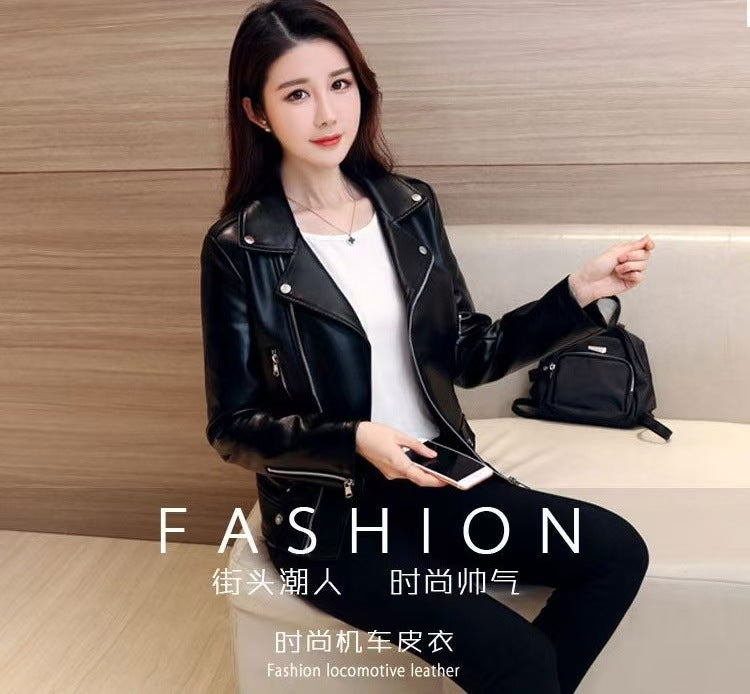 2025 Spring and Autumn New Korean Style Short Women's Pu Women's Large Size Leather Jacket Slim Motorcycle Jacket Small Leather Jacket