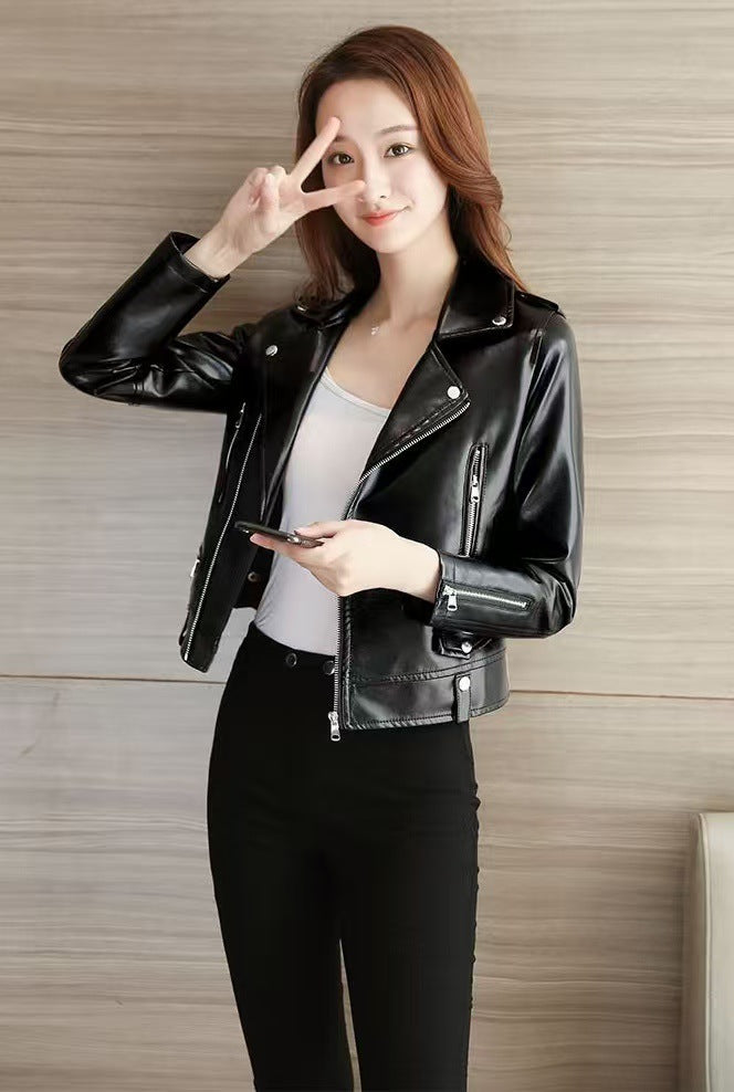 2025 Spring and Autumn New Korean Style Short Women's PU Leather Jacket, Plus Size Slim Motorcycle Jacket, Small Leather Jacket