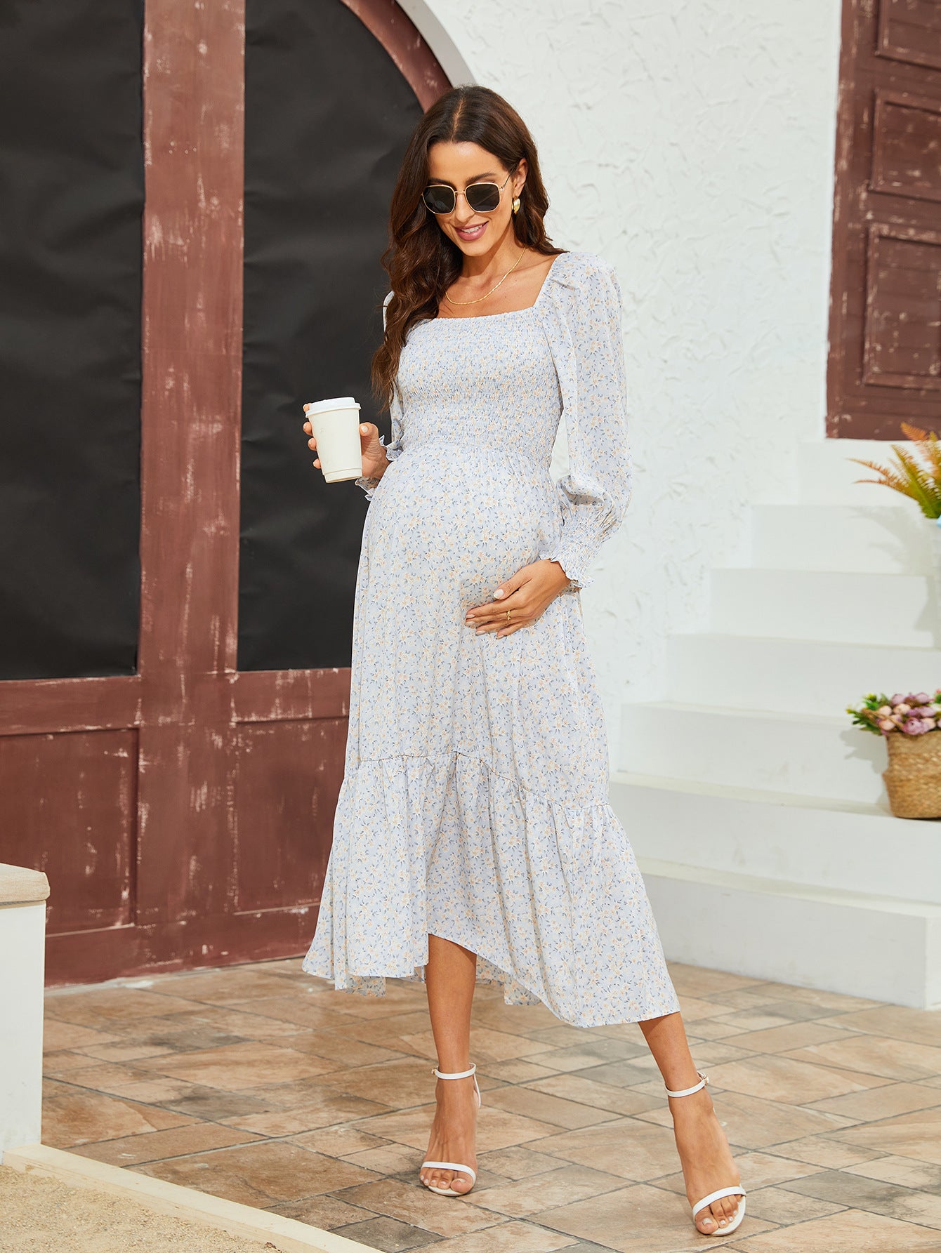 Swintager 2026 Spring New Maternity Chiffon Dress Small Floral Dress Amazon Long-Sleeved Dress