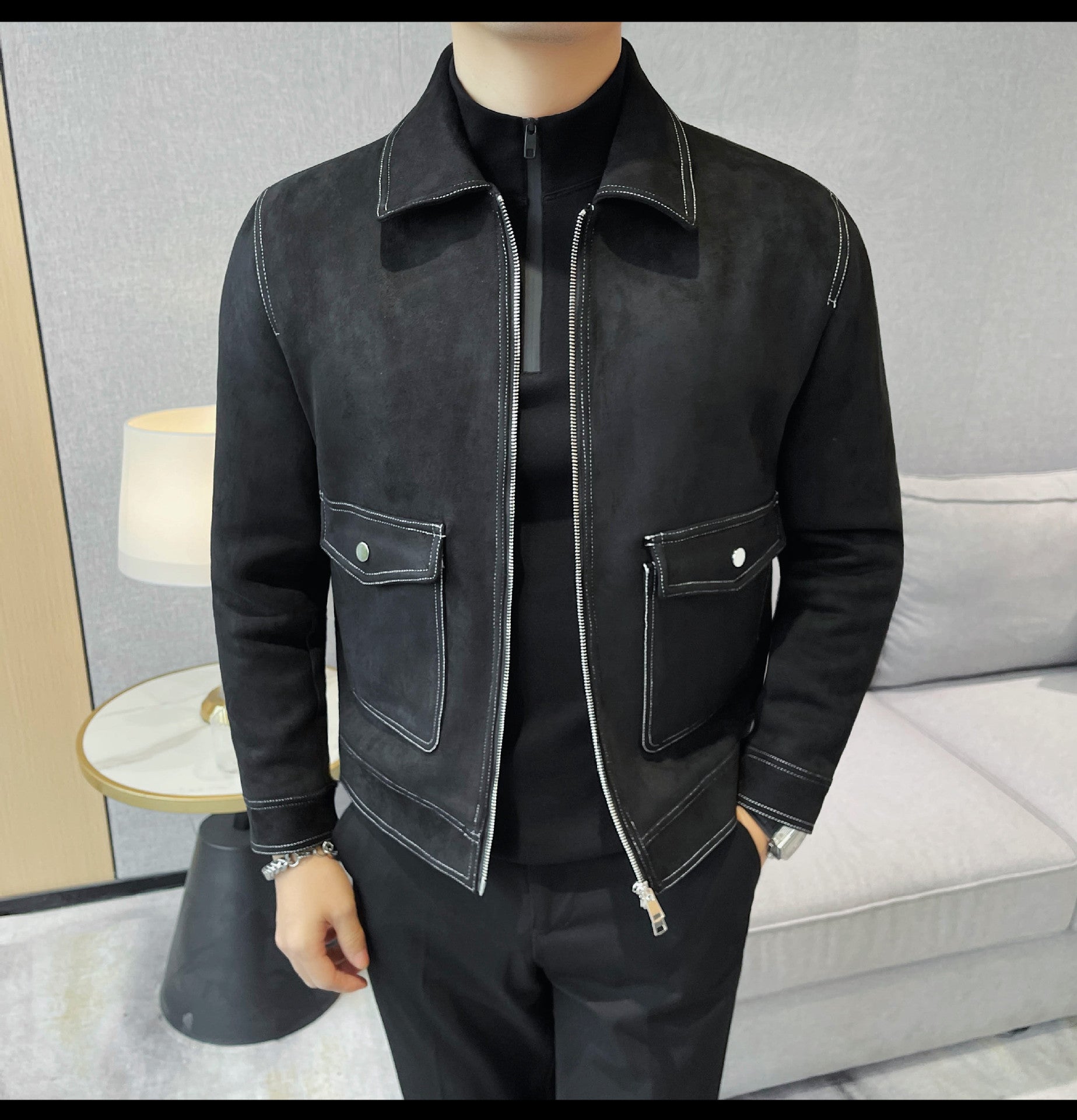 Autumn and Winter New Men's Jacket Coat Fur Fleece Large Pocket Lapel Solid Color Copper Zipper Casual Jacket Top