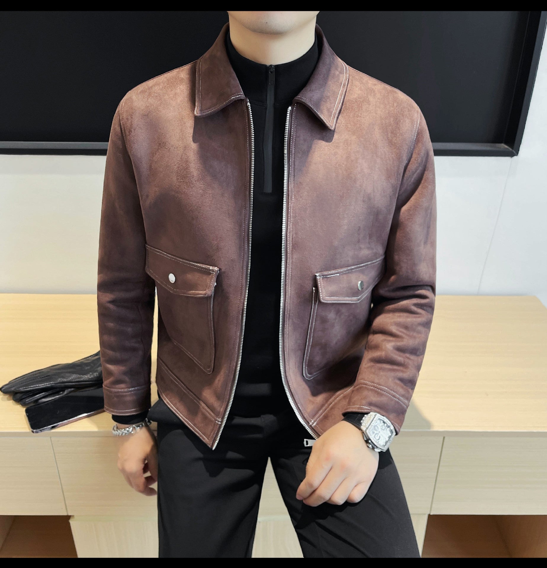 Autumn and Winter New Men's Jacket Coat Fur Fleece Large Pocket Lapel Solid Color Copper Zipper Casual Jacket Top