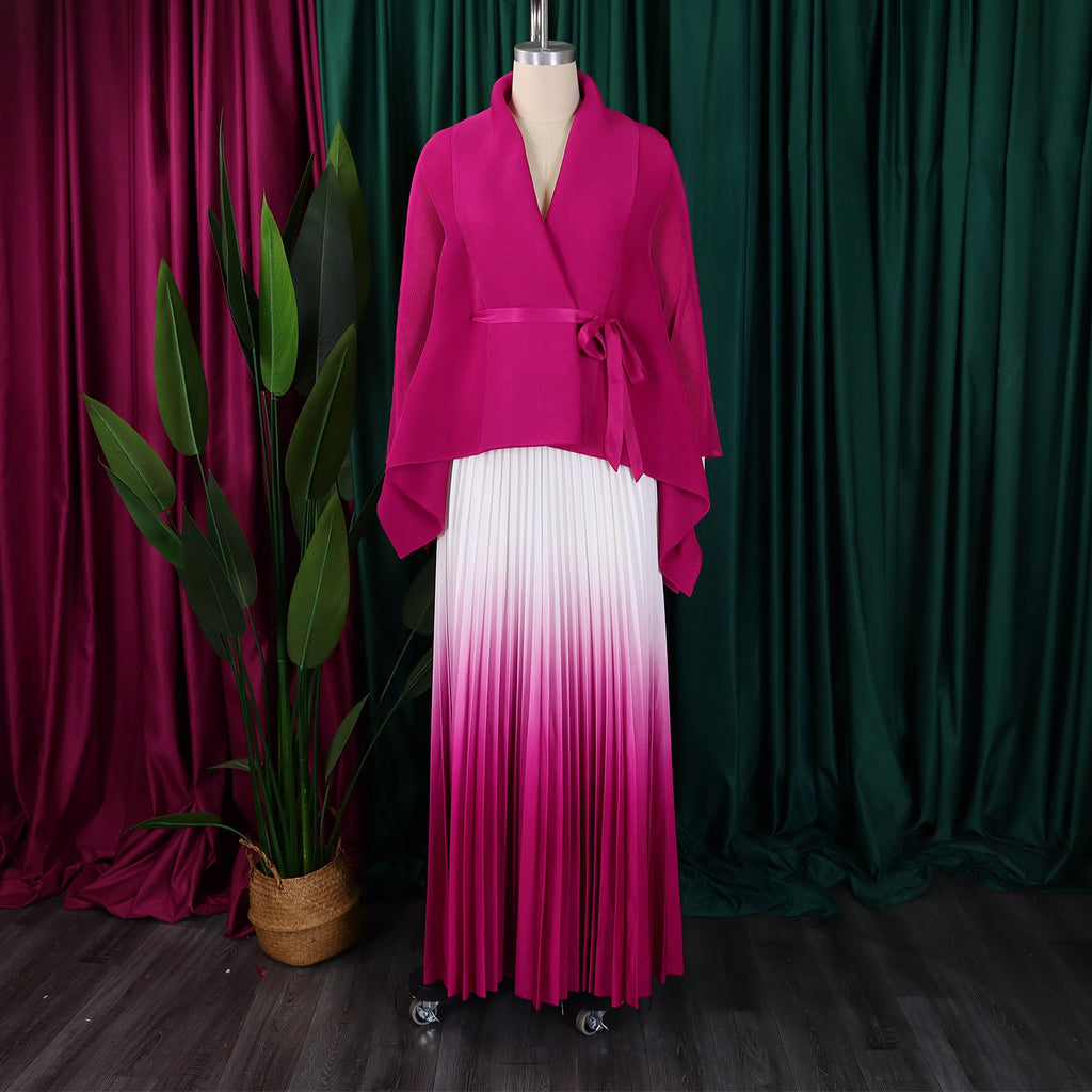 C8610 African plus size Women's Spring New Fashion Strap Bat Sleeve Top Gradient Color-changing Skirt Two-piece Set
