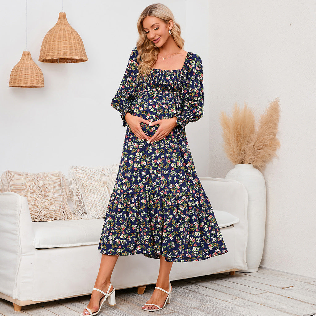 Swintager 2026 Spring New Maternity Chiffon Dress Small Floral Dress Amazon Long-Sleeved Dress