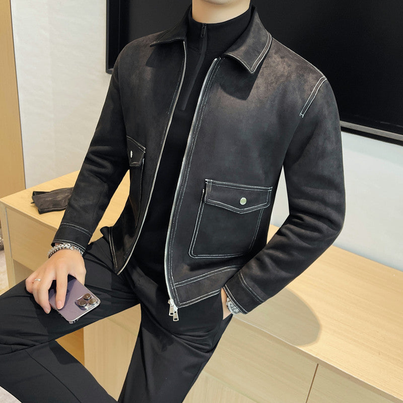 Autumn and Winter New Men's Jacket Coat Fur Fleece Large Pocket Lapel Solid Color Copper Zipper Casual Jacket Top
