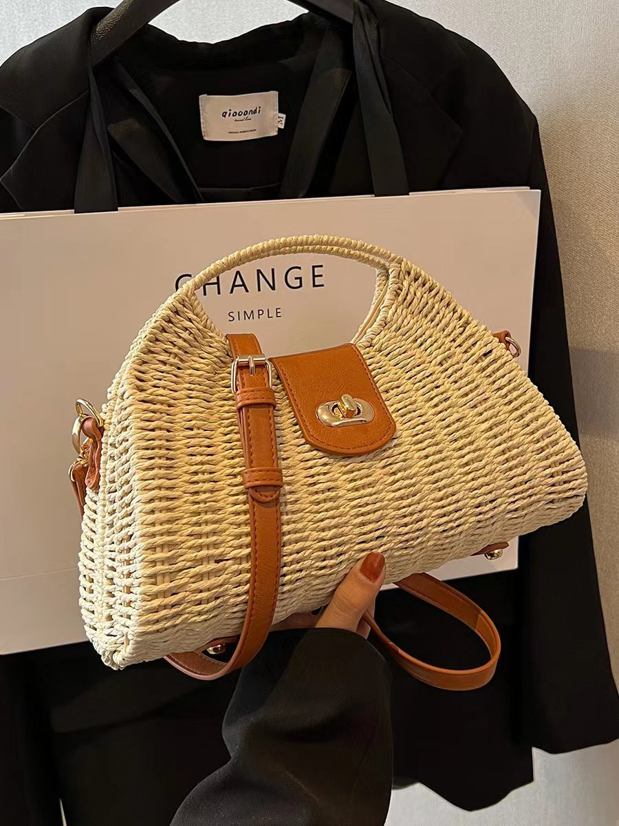 One Piece Hair Woven Bag Women's Bamboo Woven Bag Rattan Woven Bag Seaside Beach Portable Large Capacity Crossbody Bag Tote Bag