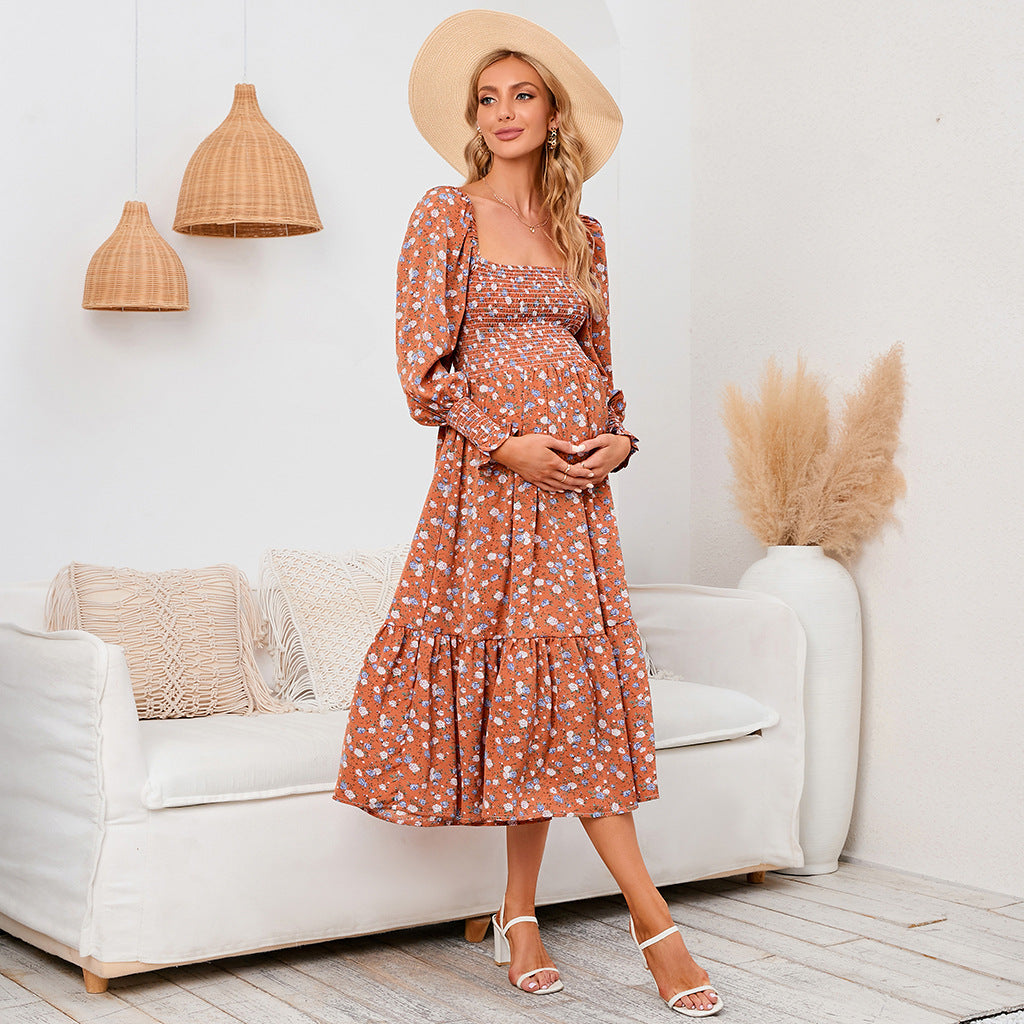 Swintager 2026 Spring New Maternity Chiffon Dress Small Floral Dress Amazon Long-Sleeved Dress