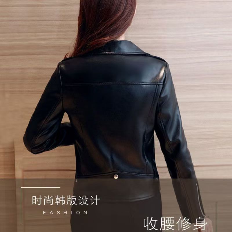 2025 Spring and Autumn New Korean Style Short Women's Pu Women's Large Size Leather Jacket Slim Motorcycle Jacket Small Leather Jacket