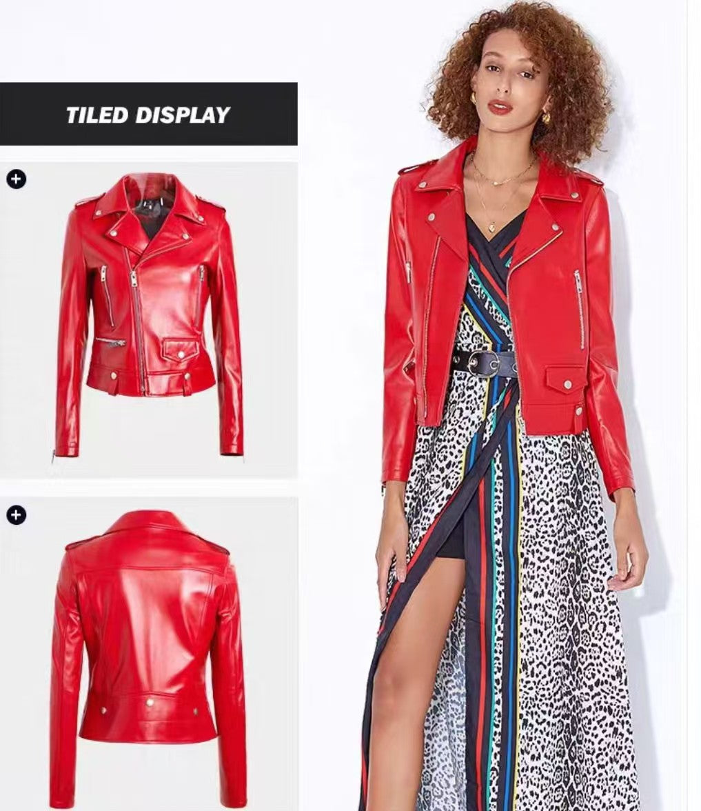 2025 Spring and Autumn New Korean Style Short Women's Pu Women's Large Size Leather Jacket Slim Motorcycle Jacket Small Leather Jacket
