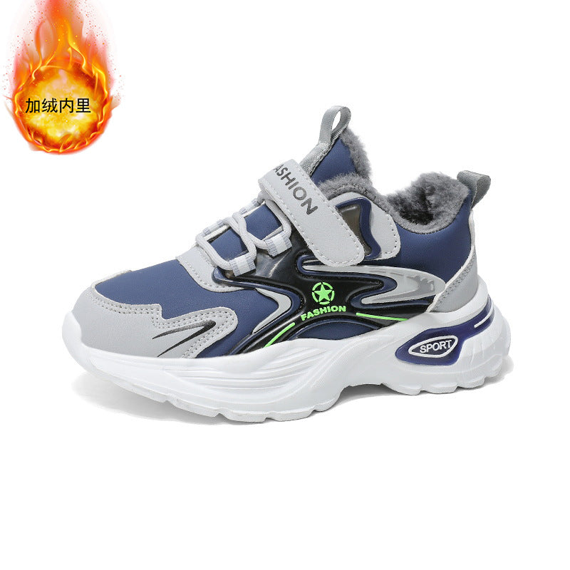 Autumn and Winter Leather Children's Sneakers, Boys' Fleece-Lined Cotton Shoes, Student Dad Shoes, Running Shoes, Warm Snow Boots, Children's Shoes