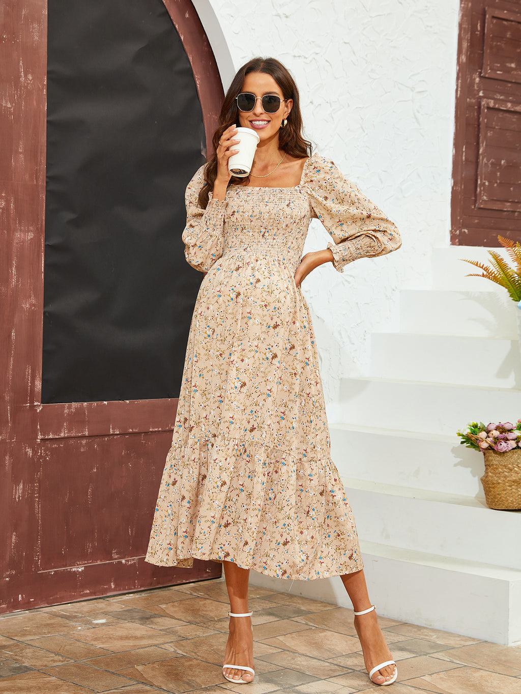 Swintager 2026 Spring New Maternity Chiffon Dress Small Floral Dress Amazon Long-Sleeved Dress