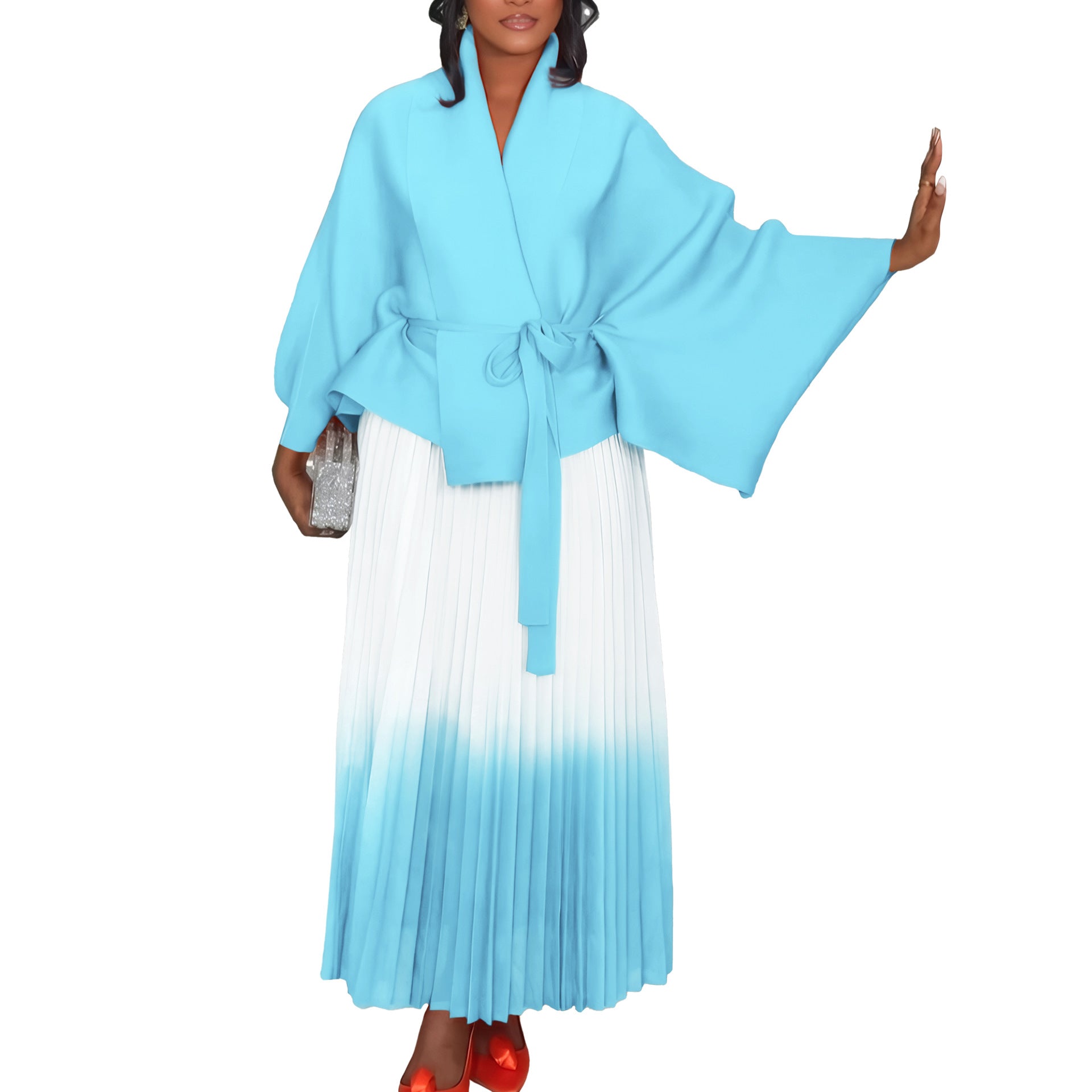 C8610 African plus size Women's Spring New Fashion Strap Bat Sleeve Top Gradient Color-changing Skirt Two-piece Set