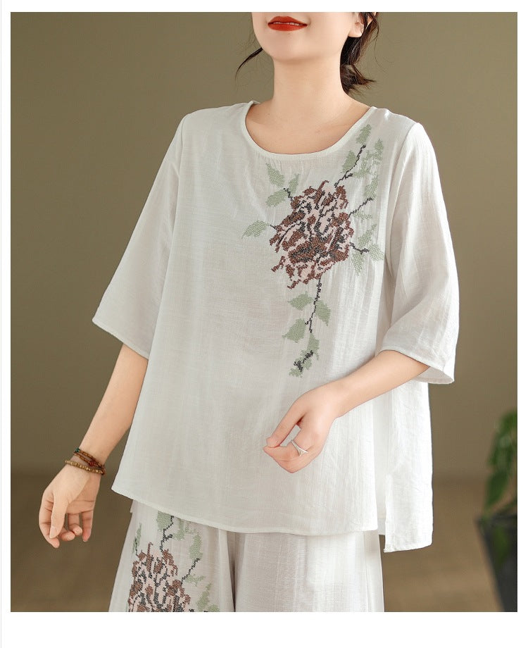 Spring and summer 2025 new round neck short sleeve embroidered cotton and linen top elastic waist nine casual wide leg pants two-piece set