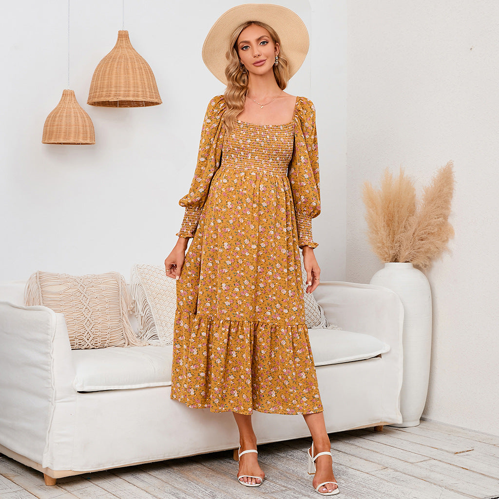 Swintager 2026 Spring New Maternity Chiffon Dress Small Floral Dress Amazon Long-Sleeved Dress