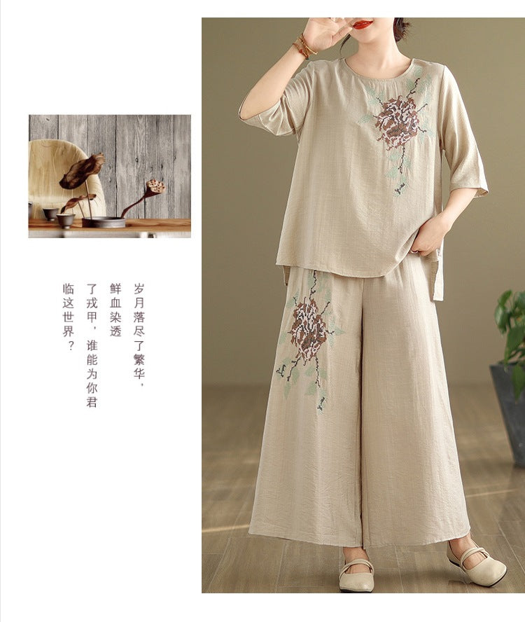 Spring and summer 2025 new round neck short sleeve embroidered cotton and linen top elastic waist nine casual wide leg pants two-piece set