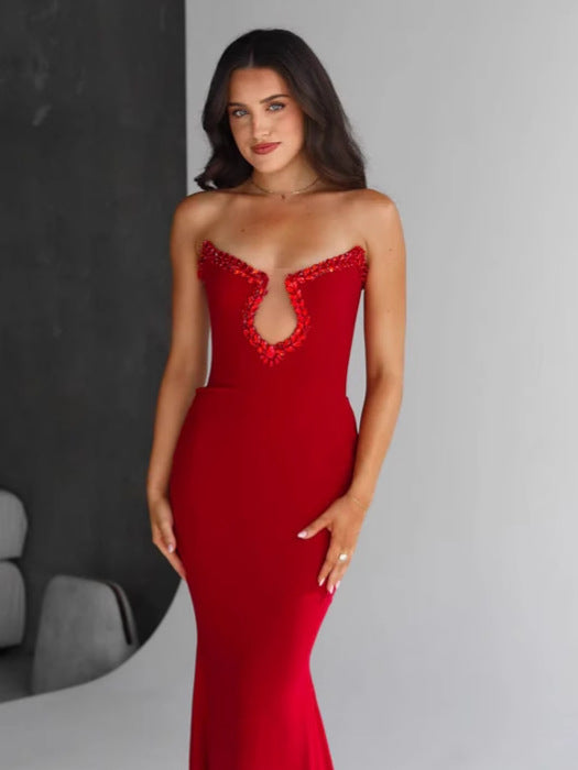 Amazon Women's 2025 Spring and Summer European and American Cross-border Red Diamond Bandage Evening Dress Women's Banquet Elegant Light Luxury