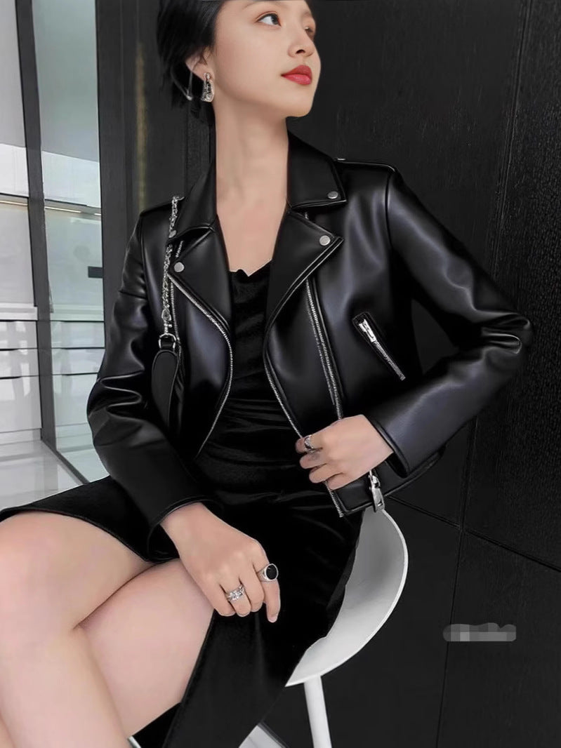 2025 Spring and Autumn New Korean Style Short Women's Pu Women's Large Size Leather Jacket Slim Motorcycle Jacket Small Leather Jacket