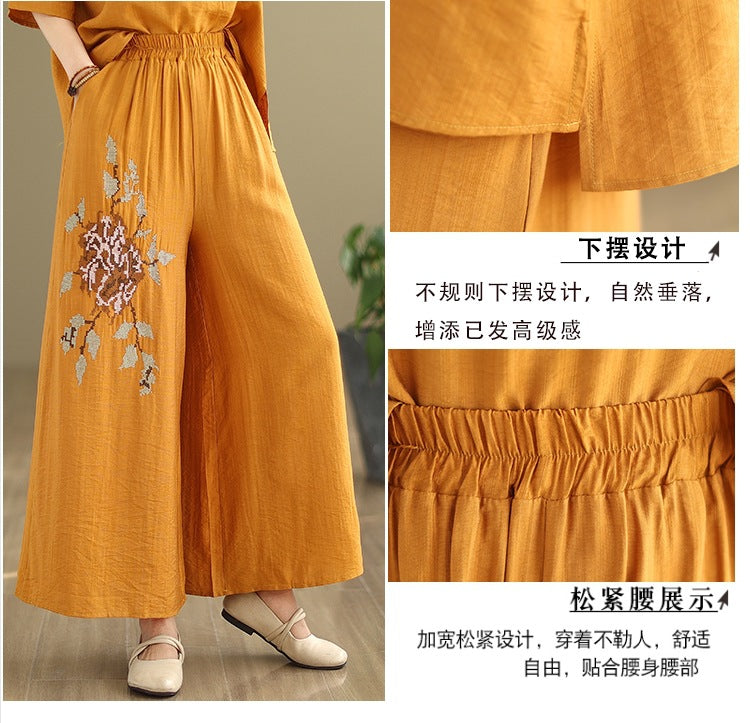 Spring and summer 2025 new round neck short sleeve embroidered cotton and linen top elastic waist nine casual wide leg pants two-piece set