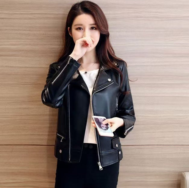 2025 Spring and Autumn New Korean Style Short Women's Pu Women's Large Size Leather Jacket Slim Motorcycle Jacket Small Leather Jacket