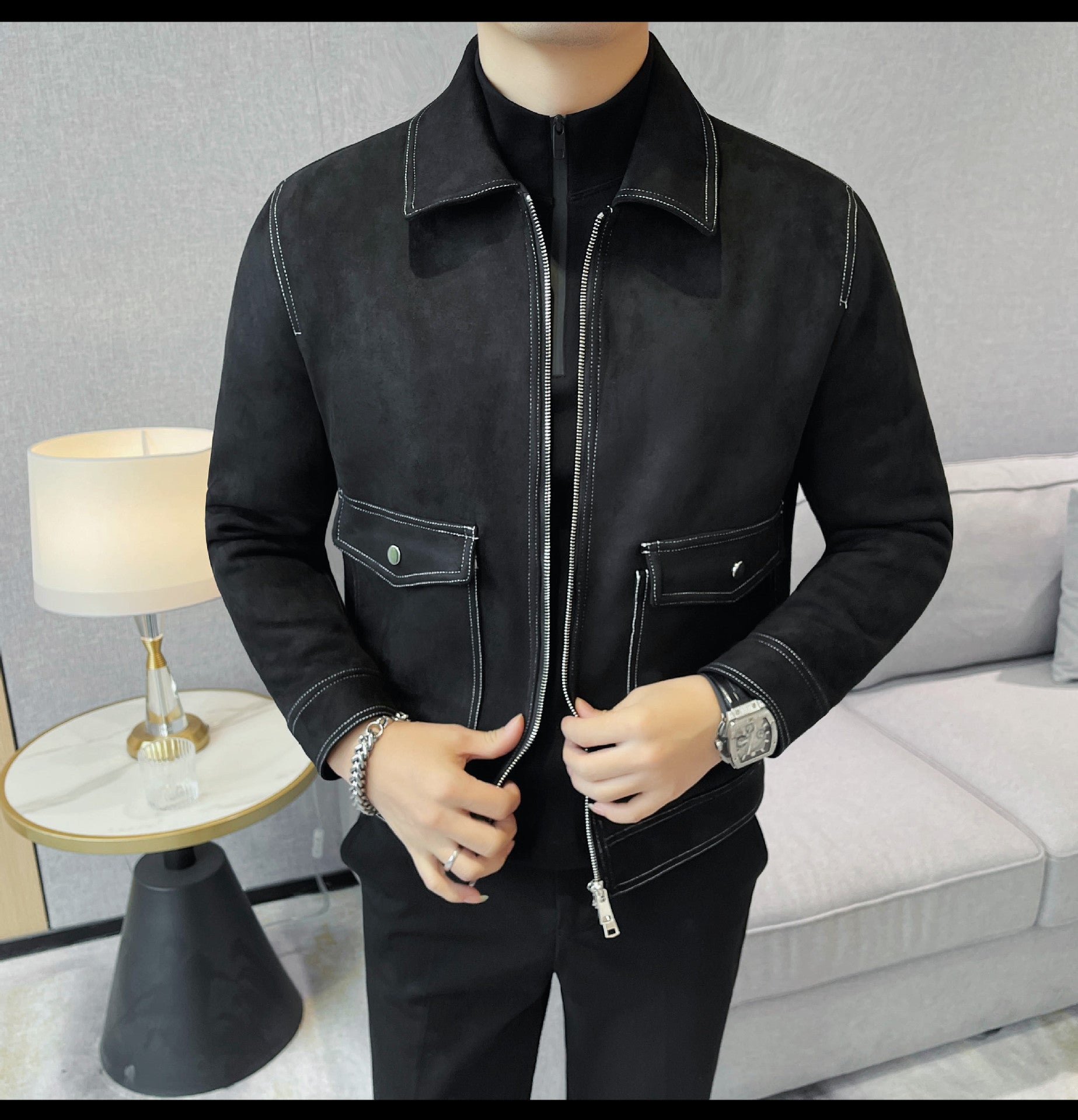 Autumn and Winter New Men's Jacket Coat Fur Fleece Large Pocket Lapel Solid Color Copper Zipper Casual Jacket Top