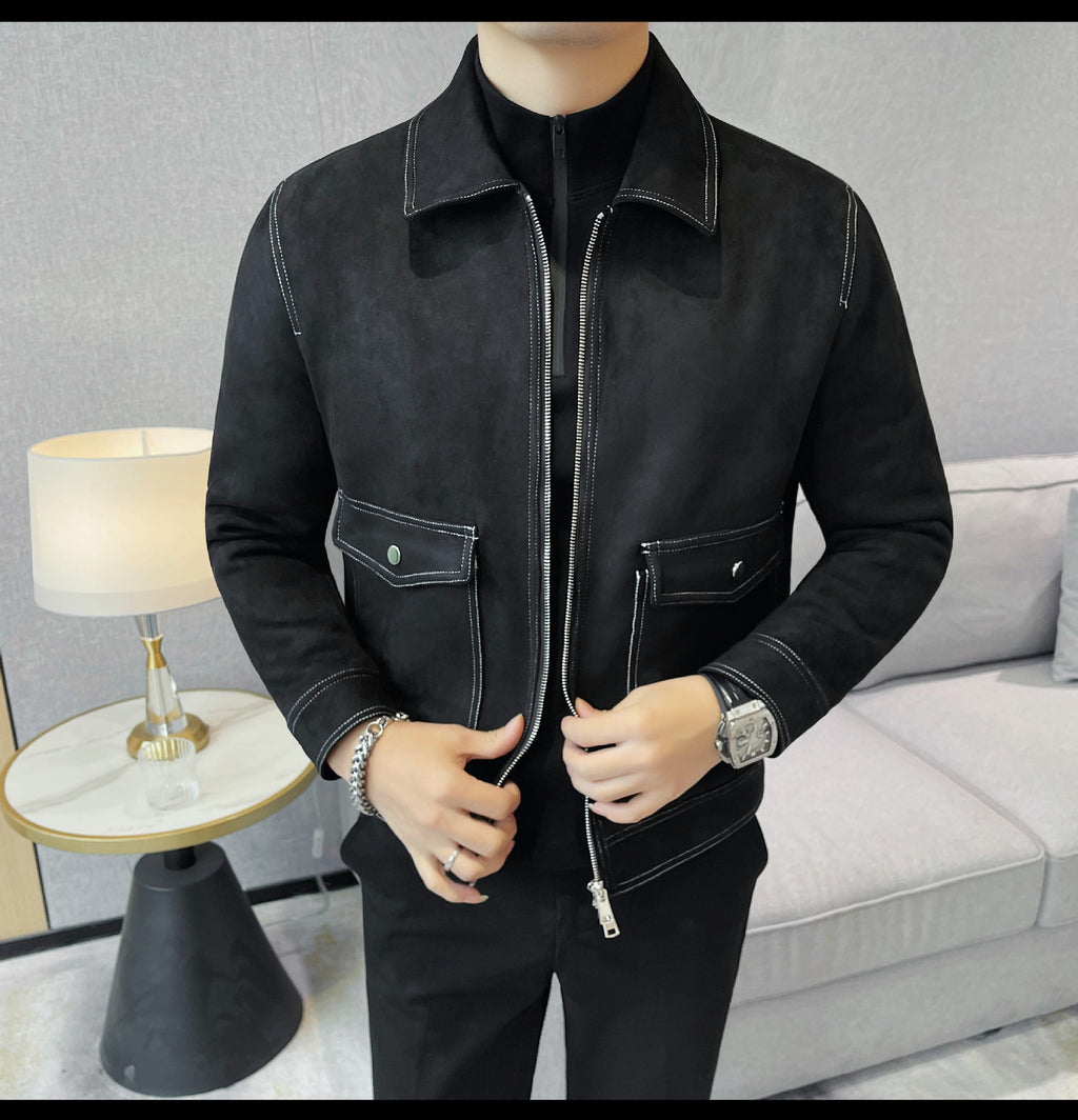 Autumn and Winter New Men's Jacket Coat Fur Fleece Large Pocket Lapel Solid Color Copper Zipper Casual Jacket Top
