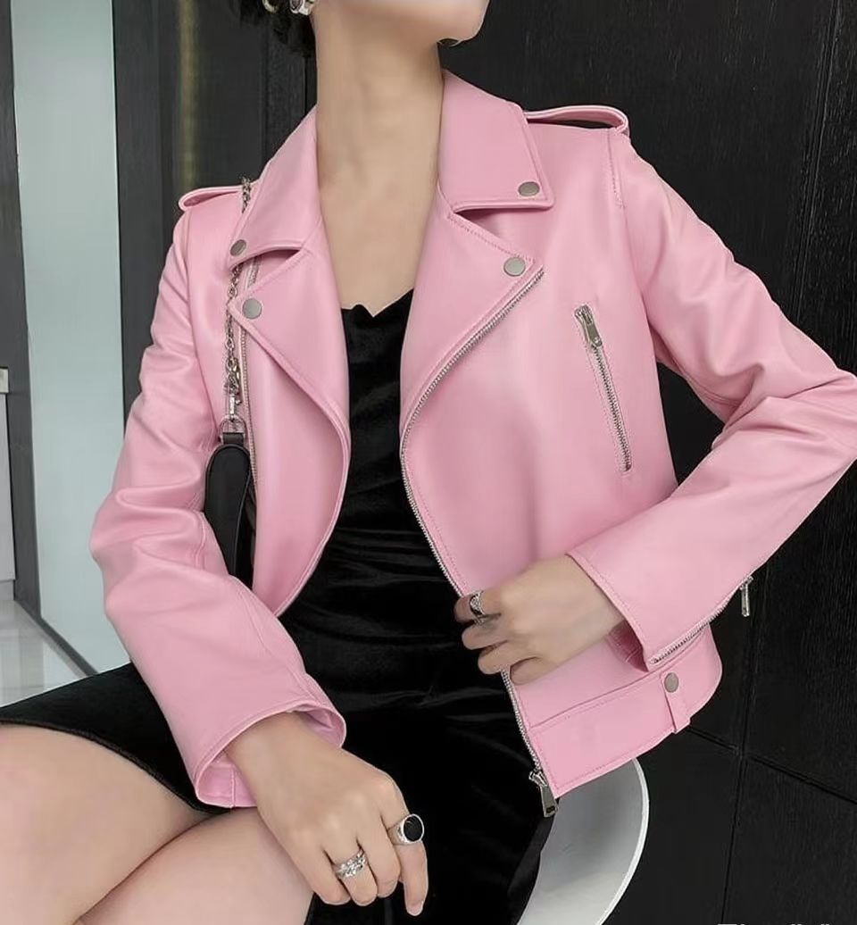 2025 Spring and Autumn New Korean Style Short Women's Pu Women's Large Size Leather Jacket Slim Motorcycle Jacket Small Leather Jacket