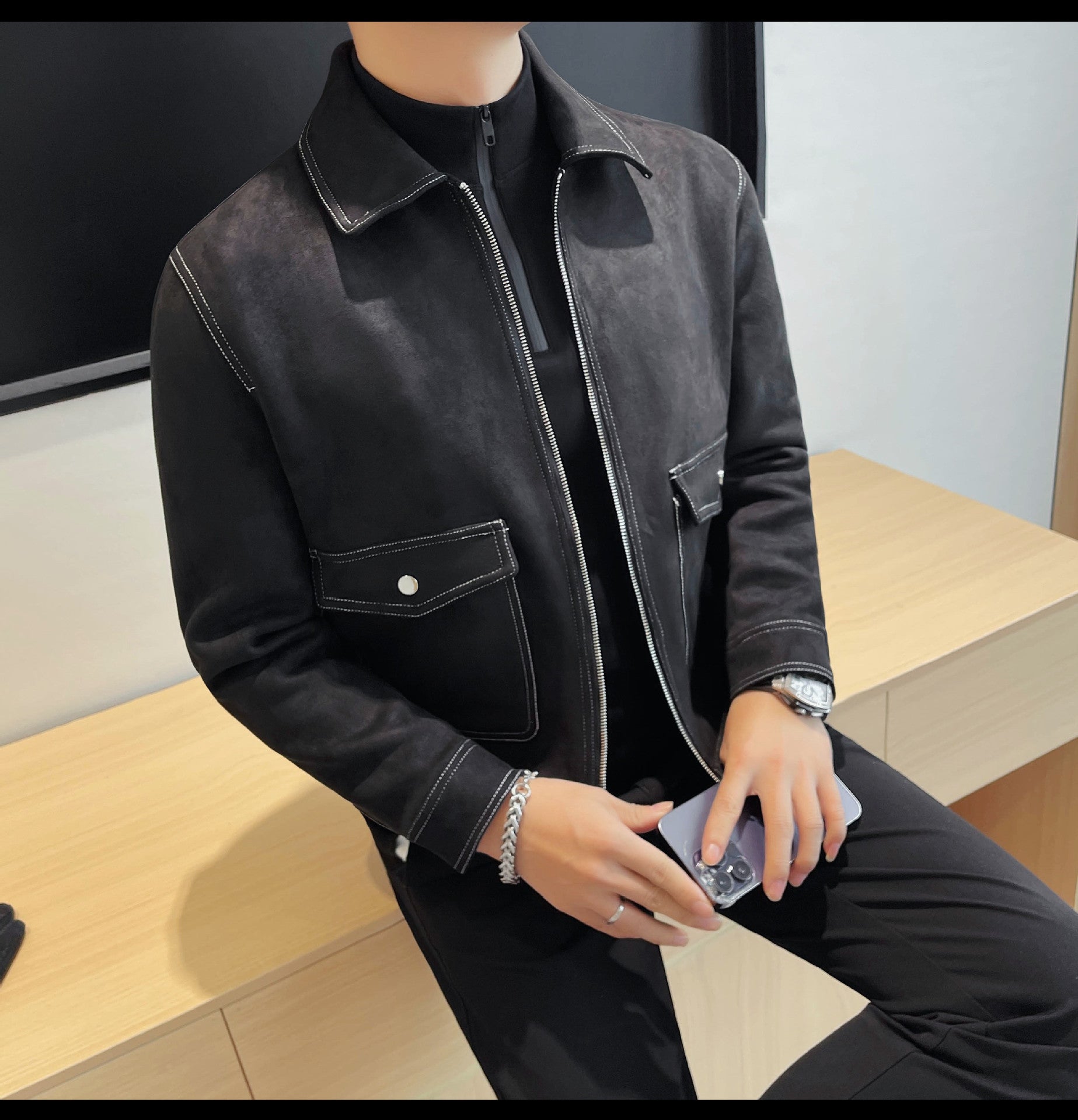 Autumn and Winter New Men's Jacket Coat Fur Fleece Large Pocket Lapel Solid Color Copper Zipper Casual Jacket Top