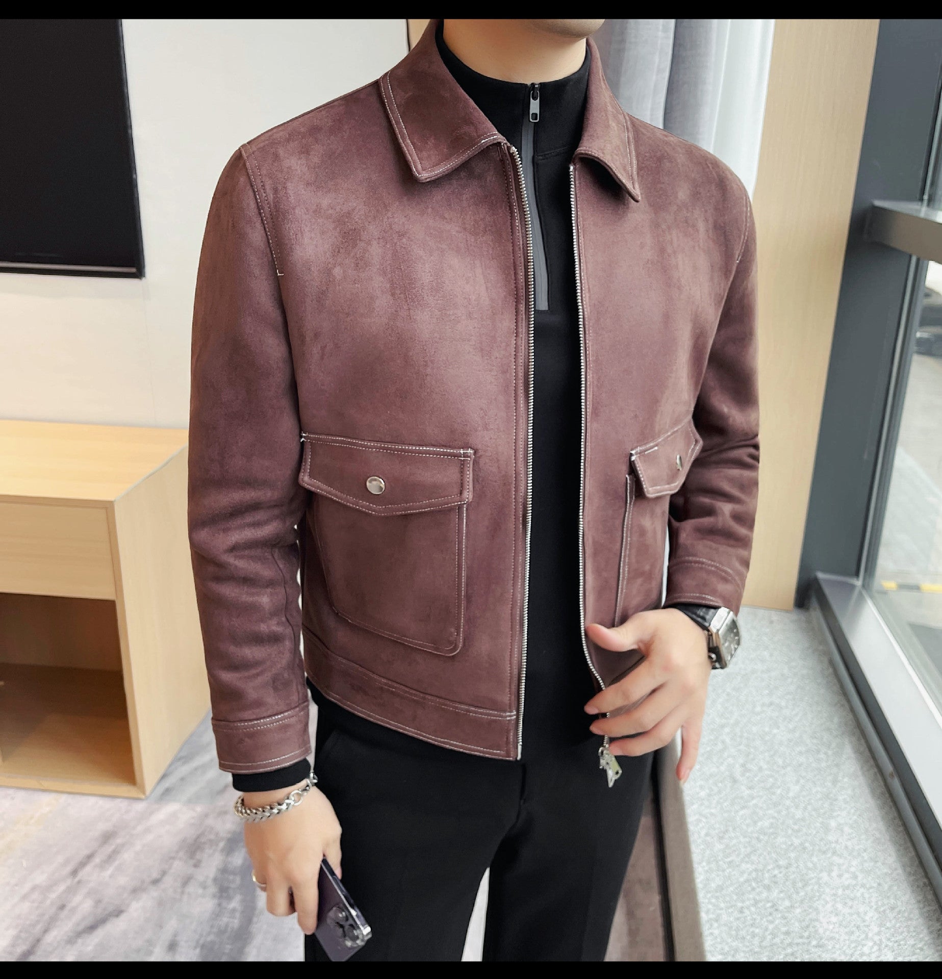 Autumn and Winter New Men's Jacket Coat Fur Fleece Large Pocket Lapel Solid Color Copper Zipper Casual Jacket Top