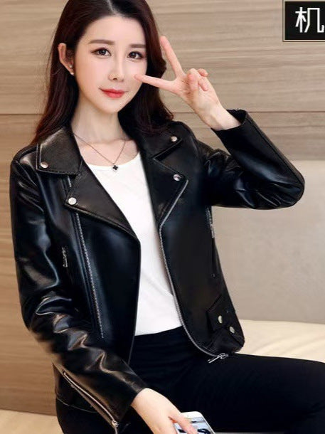 2025 Spring and Autumn New Korean Style Short Women's Pu Women's Large Size Leather Jacket Slim Motorcycle Jacket Small Leather Jacket