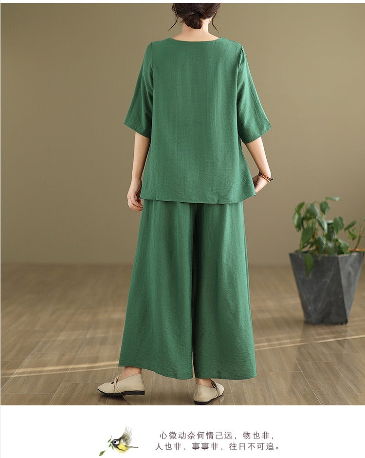 Spring and summer 2025 new round neck short sleeve embroidered cotton and linen top elastic waist nine casual wide leg pants two-piece set