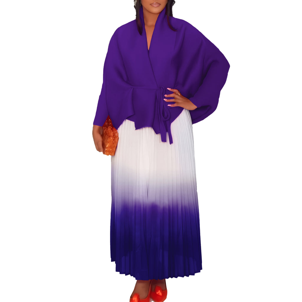 C8610 African plus size Women's Spring New Fashion Strap Bat Sleeve Top Gradient Color-changing Skirt Two-piece Set