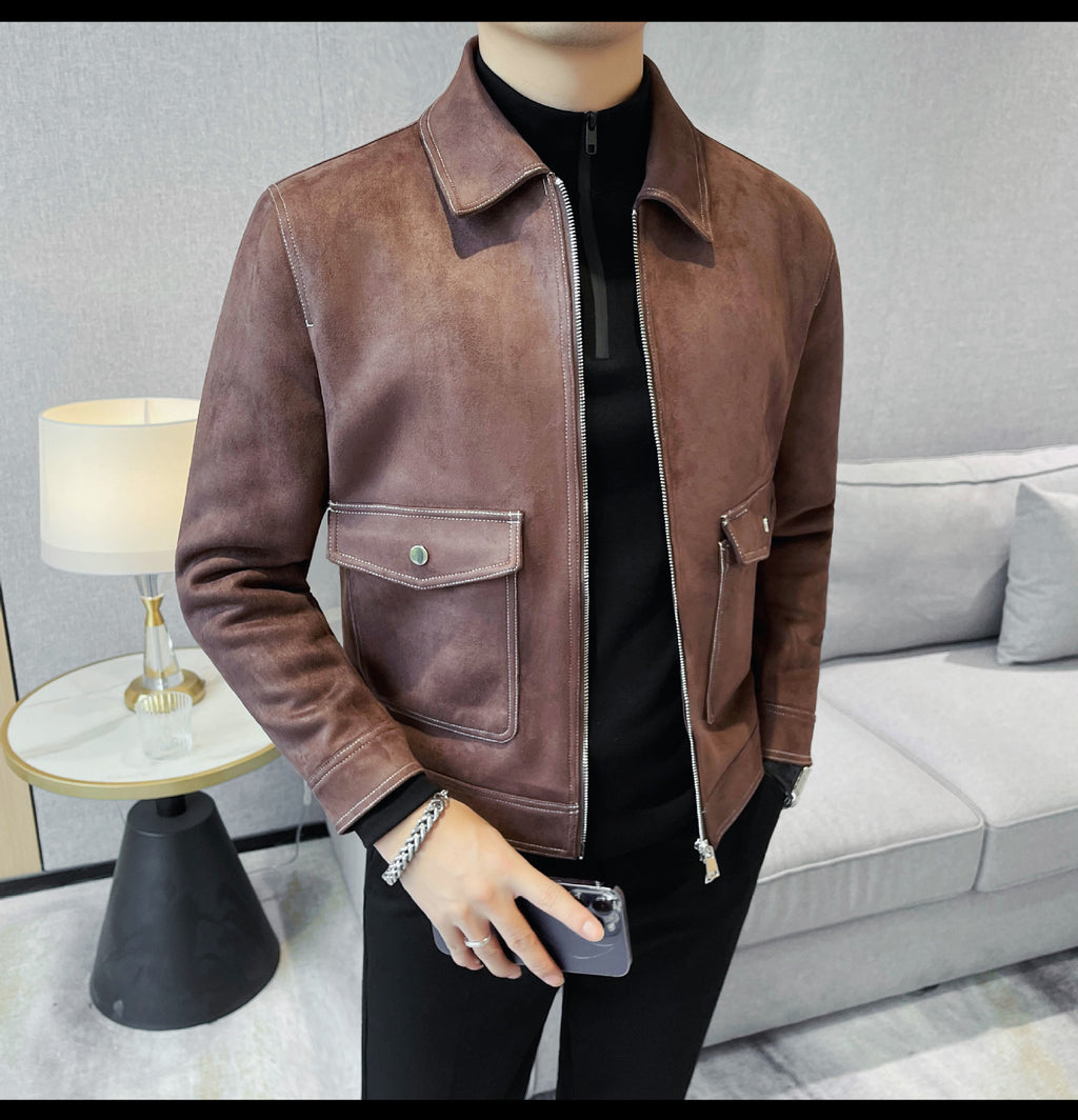 Autumn and Winter New Men's Jacket Coat Fur Fleece Large Pocket Lapel Solid Color Copper Zipper Casual Jacket Top