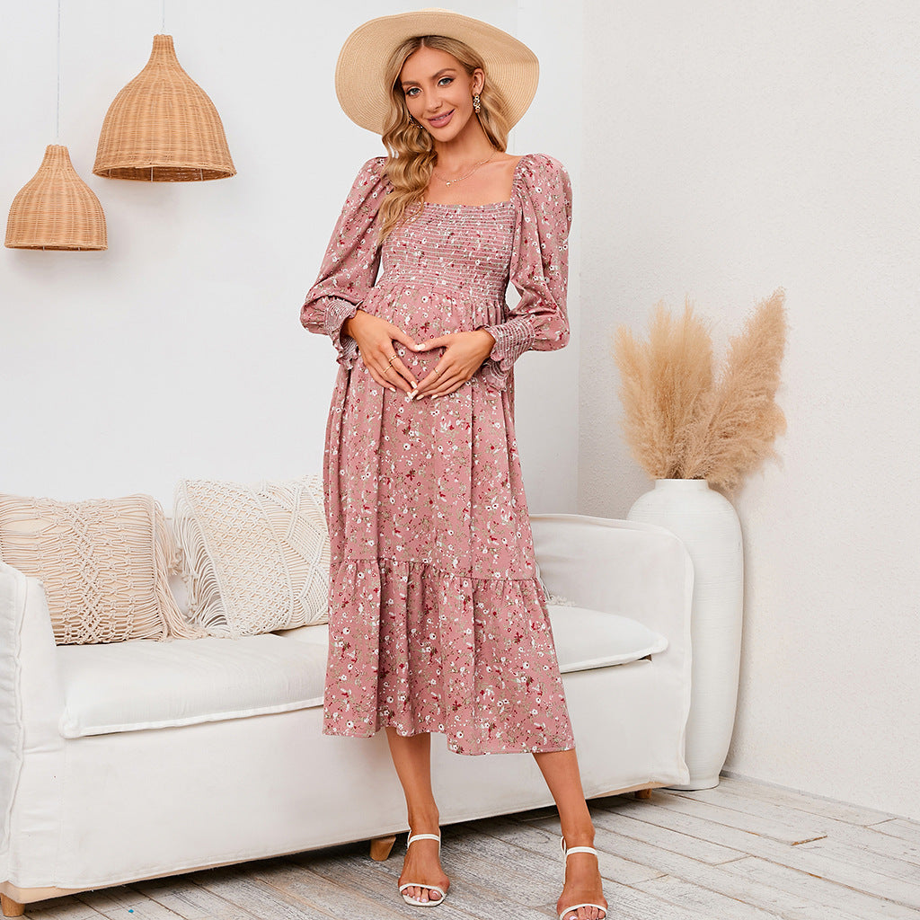 Swintager 2026 Spring New Maternity Chiffon Dress Small Floral Dress Amazon Long-Sleeved Dress