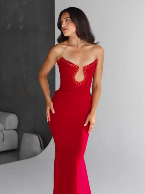 Amazon Women's 2025 Spring and Summer European and American Cross-border Red Diamond Bandage Evening Dress Women's Banquet Elegant Light Luxury