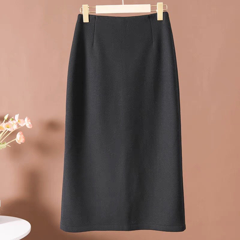 Acetate Cashmere Women's Mid-Length Skirt, High-End Elegant High-Waist Slimming Rear Split Wool Straight Skirt, Autumn and Winter New Collection