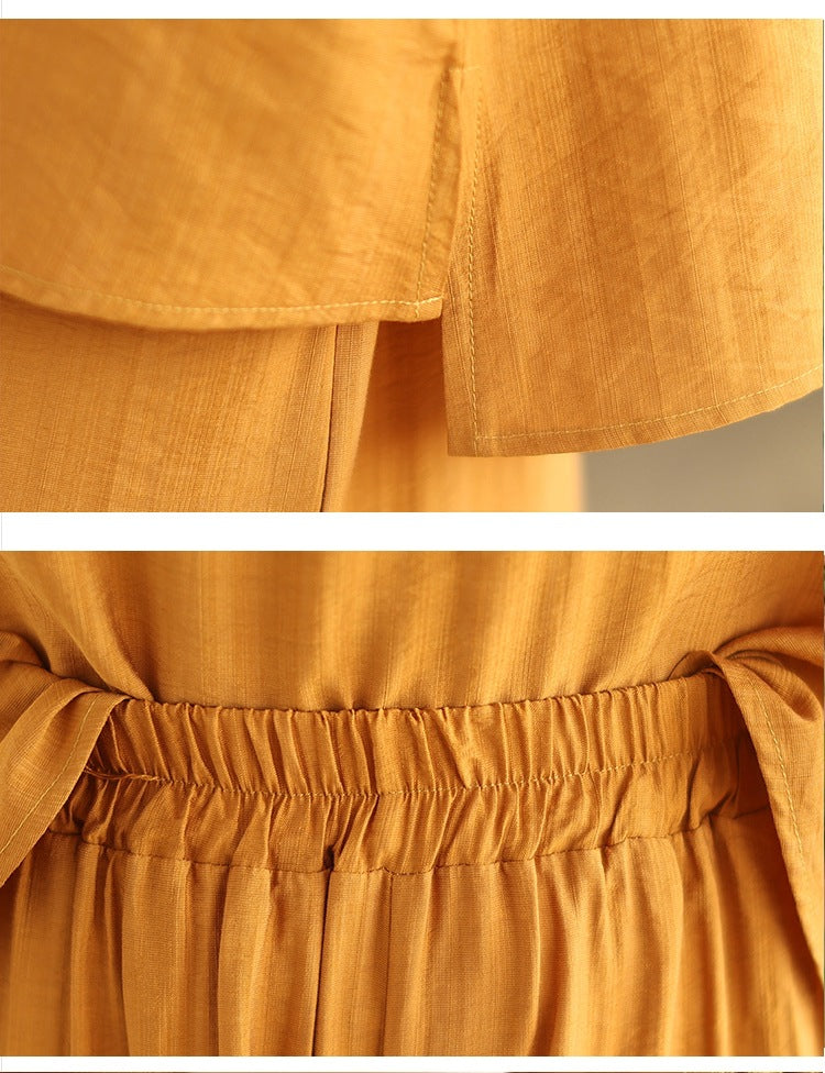 Spring and summer 2025 new round neck short sleeve embroidered cotton and linen top elastic waist nine casual wide leg pants two-piece set