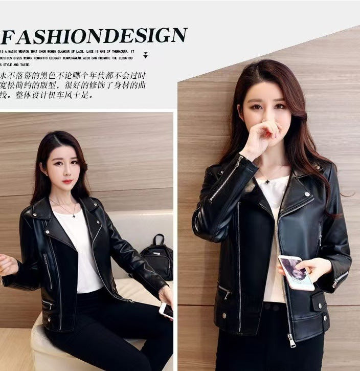 2025 Spring and Autumn New Korean Style Short Women's PU Leather Jacket, Plus Size Slim Motorcycle Jacket, Small Leather Jacket