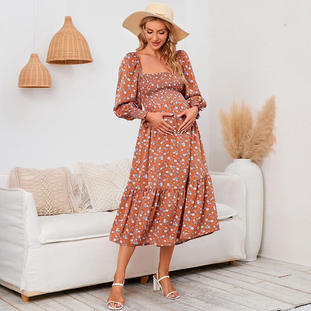 Swintager 2026 Spring New Maternity Chiffon Dress Small Floral Dress Amazon Long-Sleeved Dress