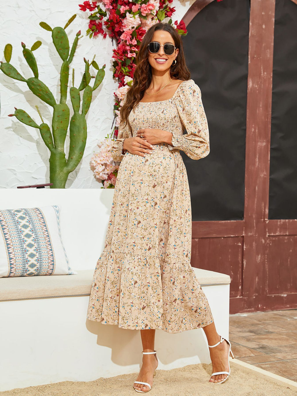Swintager 2026 Spring New Maternity Chiffon Dress Small Floral Dress Amazon Long-Sleeved Dress