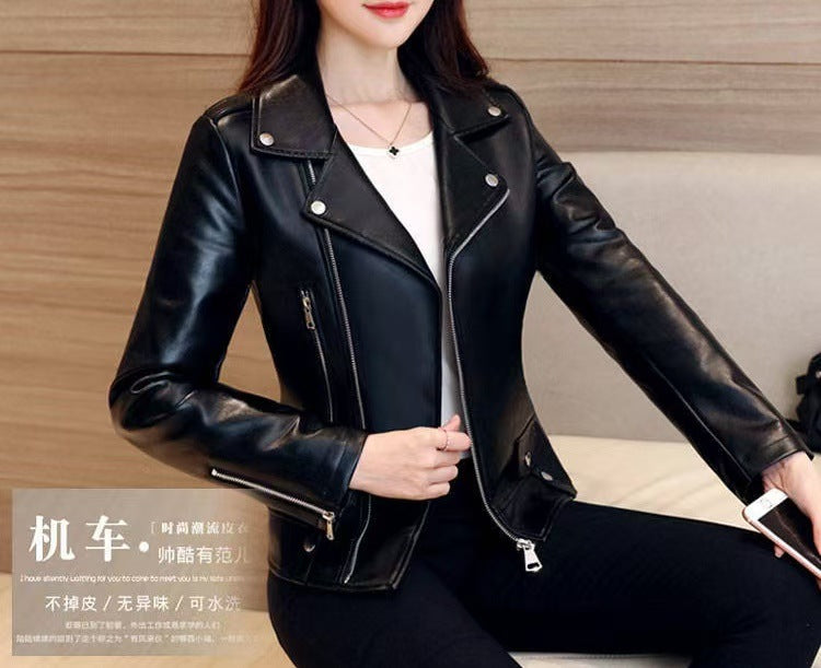 2025 Spring and Autumn New Korean Style Short Women's Pu Women's Large Size Leather Jacket Slim Motorcycle Jacket Small Leather Jacket